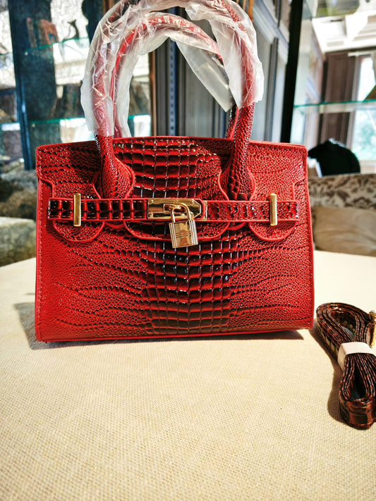 Red Crocodile Pattern Birkin Style Handbag