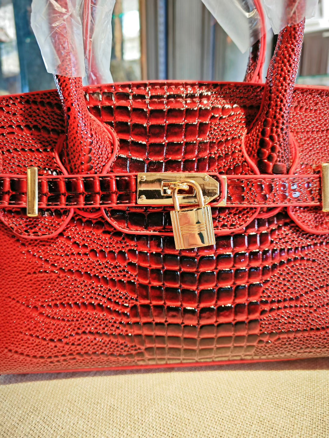 Red Crocodile Pattern Birkin Style Handbag
