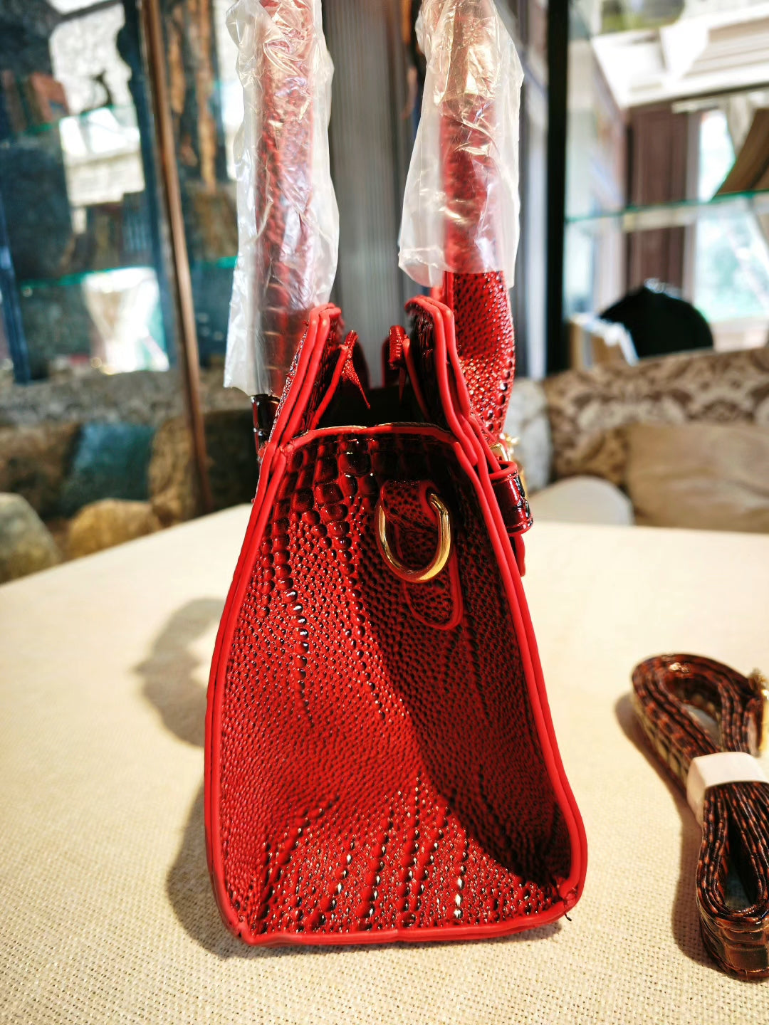 Red Crocodile Pattern Birkin Style Handbag