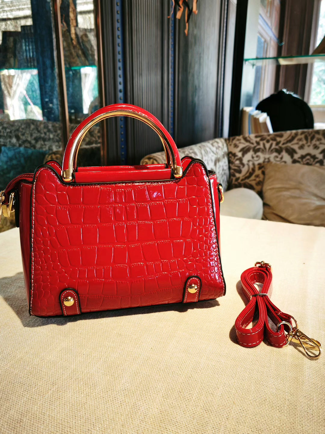 Red Crocodile Pattern Top-Handle Bag with Gold-Tone Hardware