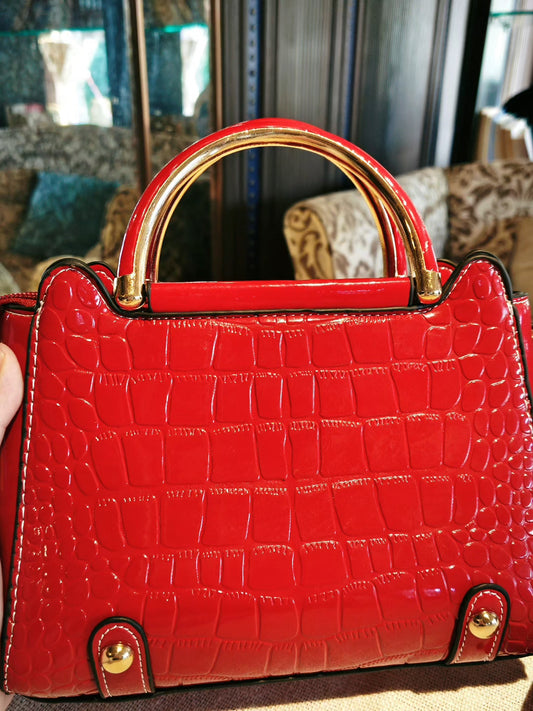 Red Crocodile Pattern Top-Handle Bag with Gold-Tone Hardware
