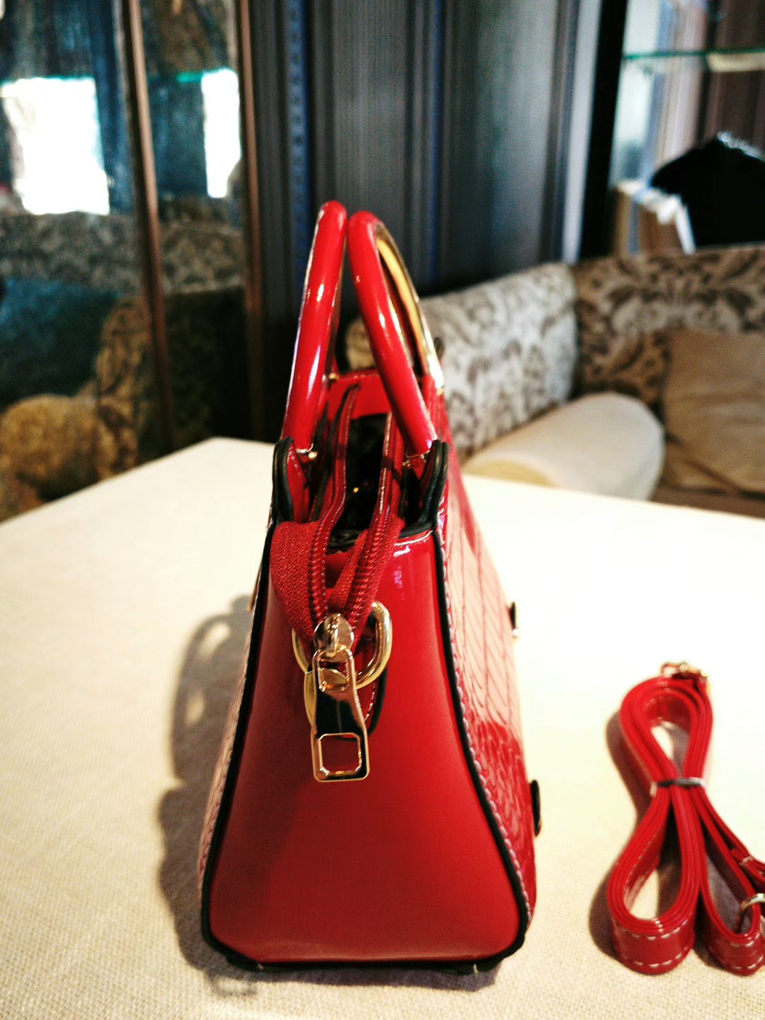 Red Crocodile Pattern Top-Handle Bag with Gold-Tone Hardware