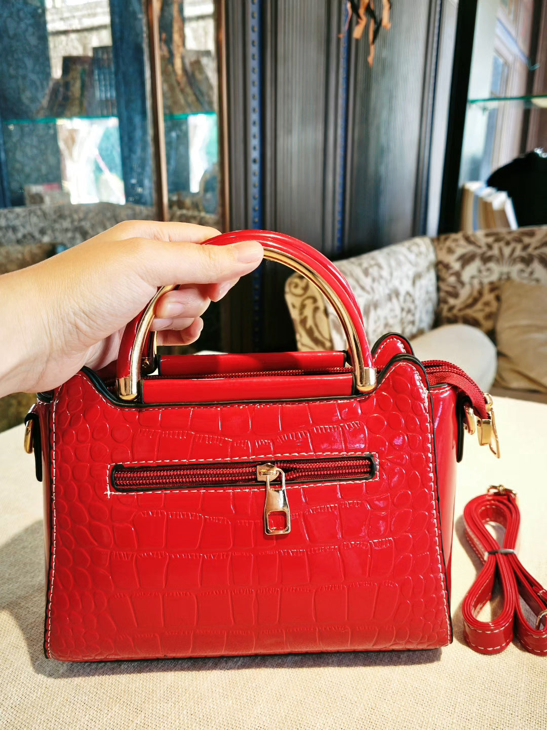 Red Crocodile Pattern Top-Handle Bag with Gold-Tone Hardware