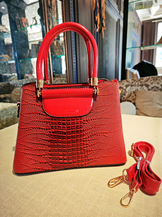 Red Crocodile Pattern Convertible Hand Bag