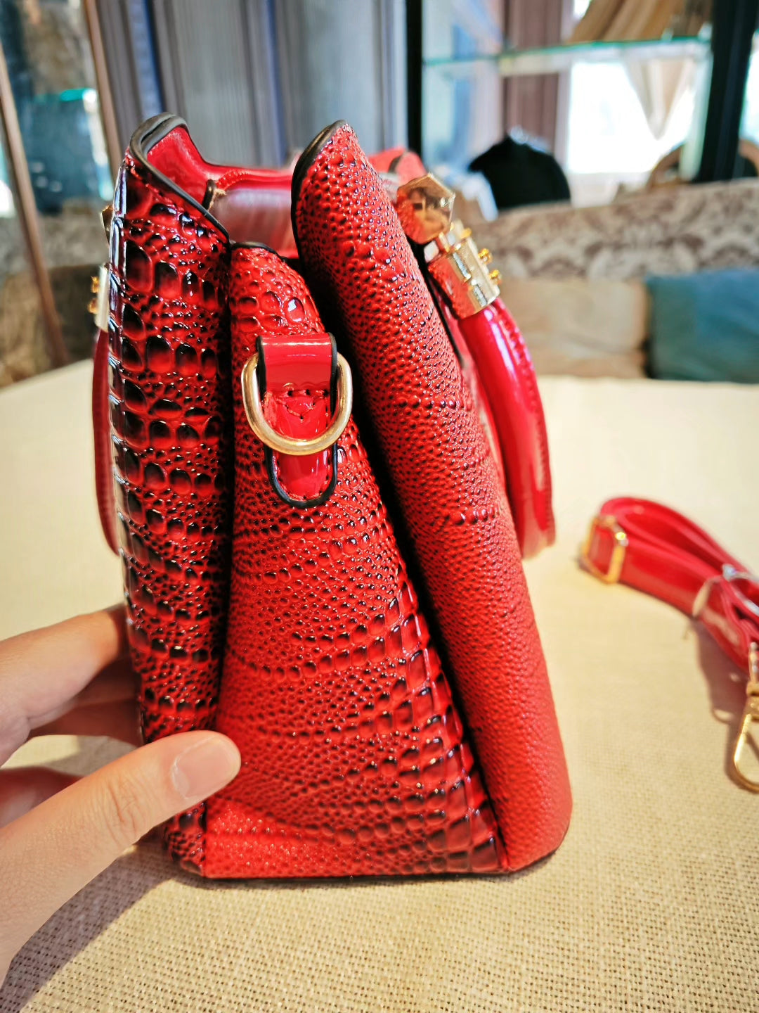 Red Crocodile Pattern Convertible Hand Bag