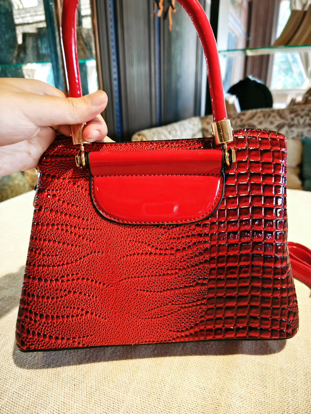 Red Crocodile Pattern Convertible Hand Bag