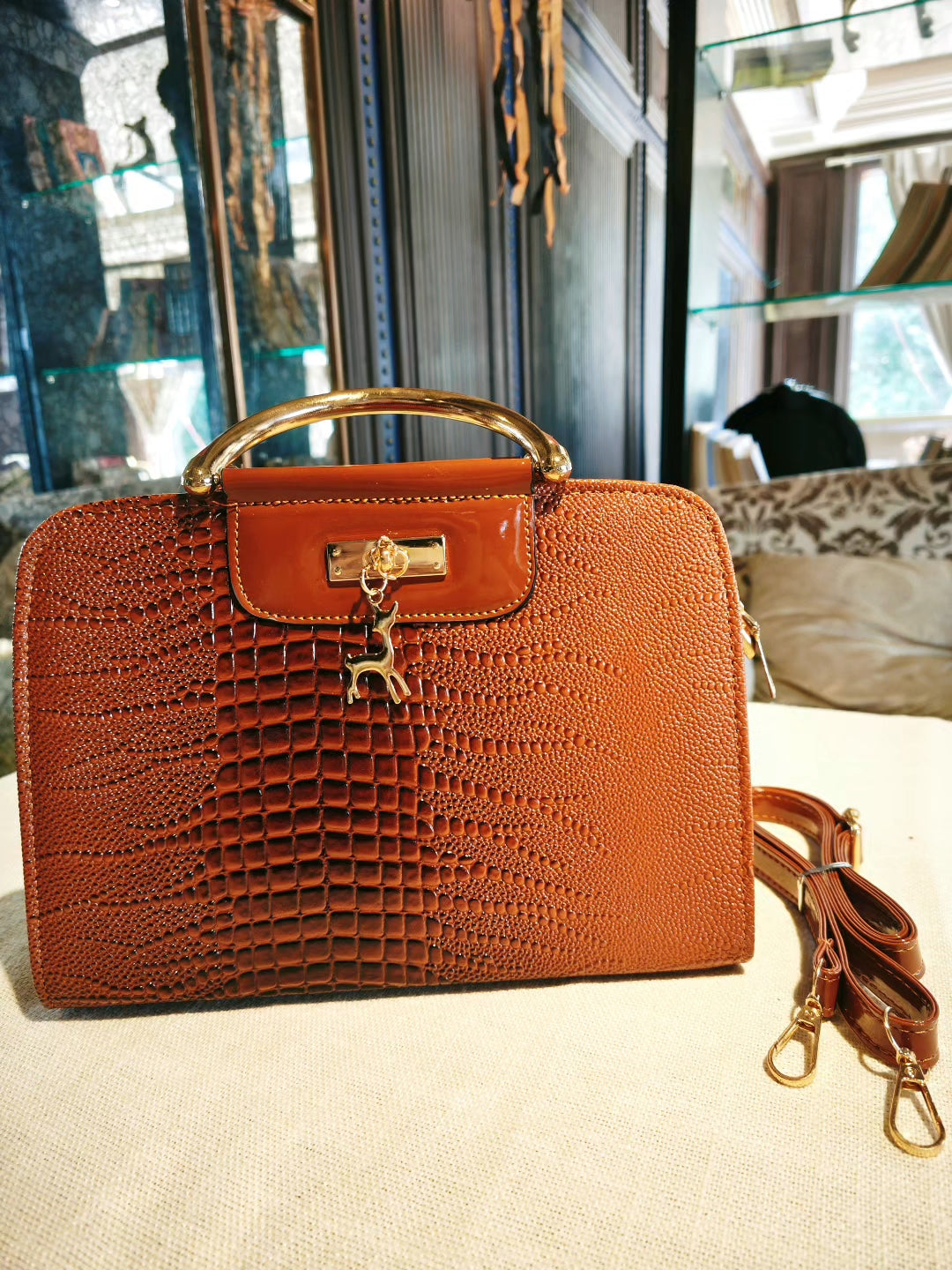 Brown Crocodile Pattern Boston Bag with Deer Charm