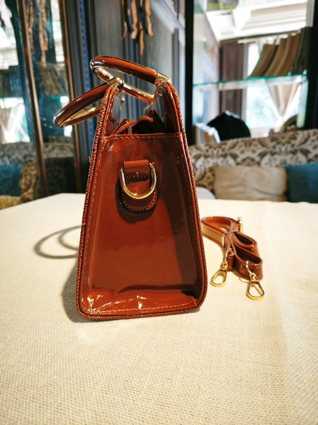 Brown Crocodile Pattern Boston Bag with Deer Charm