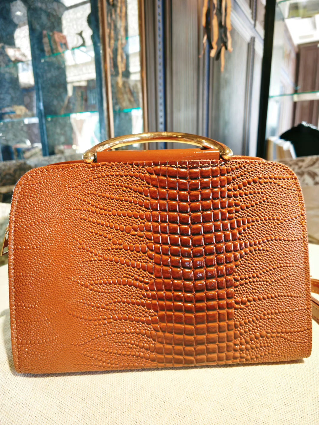 Brown Crocodile Pattern Boston Bag with Deer Charm