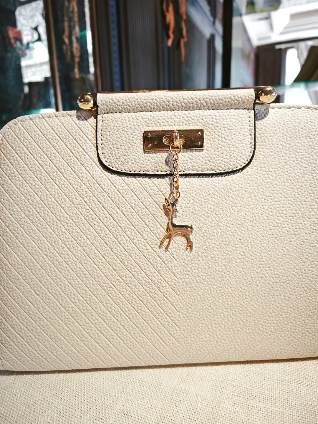Cream Boston Bag with Deer Charm