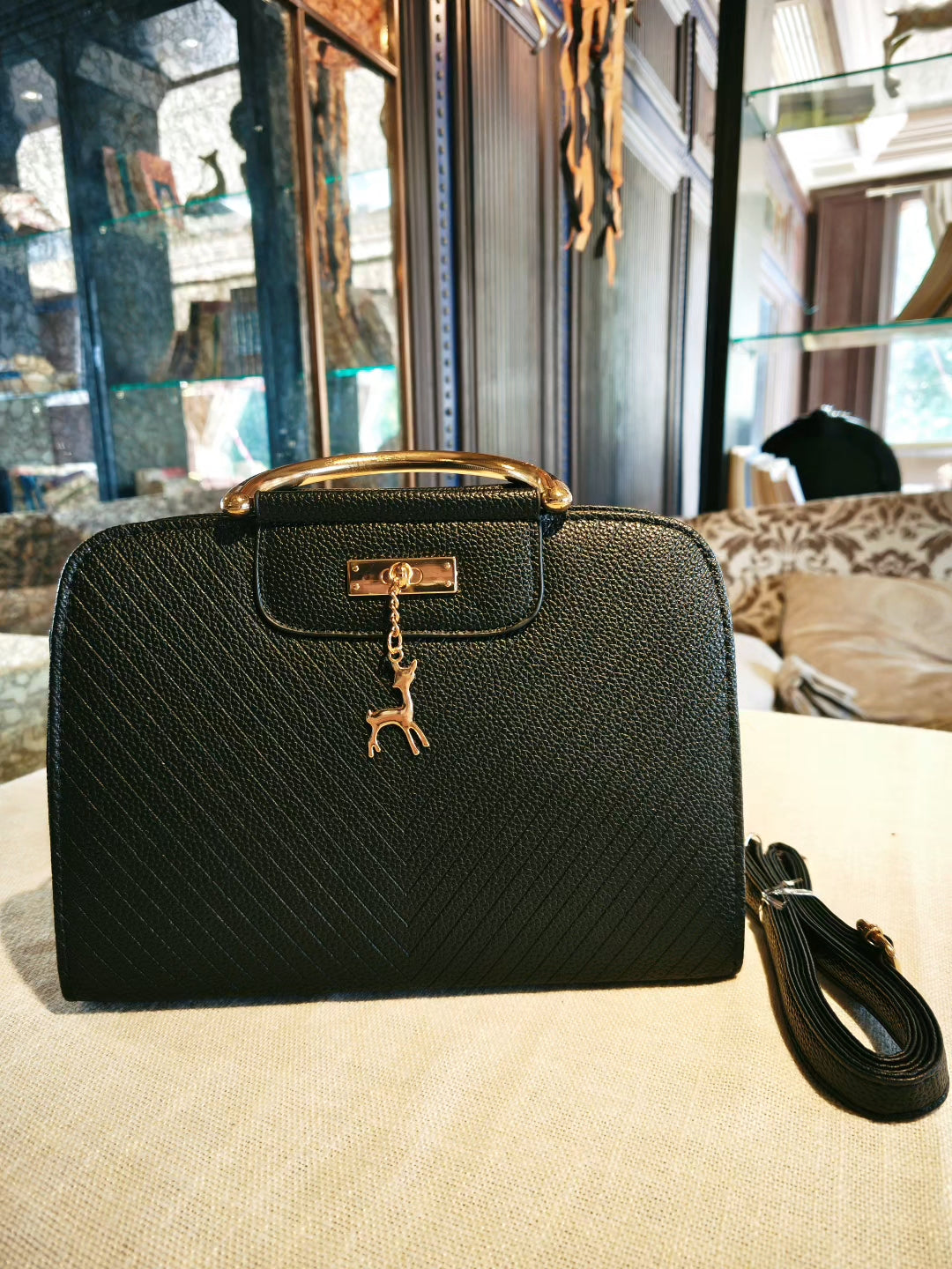 Black Textured Boston Bag with Deer Charm