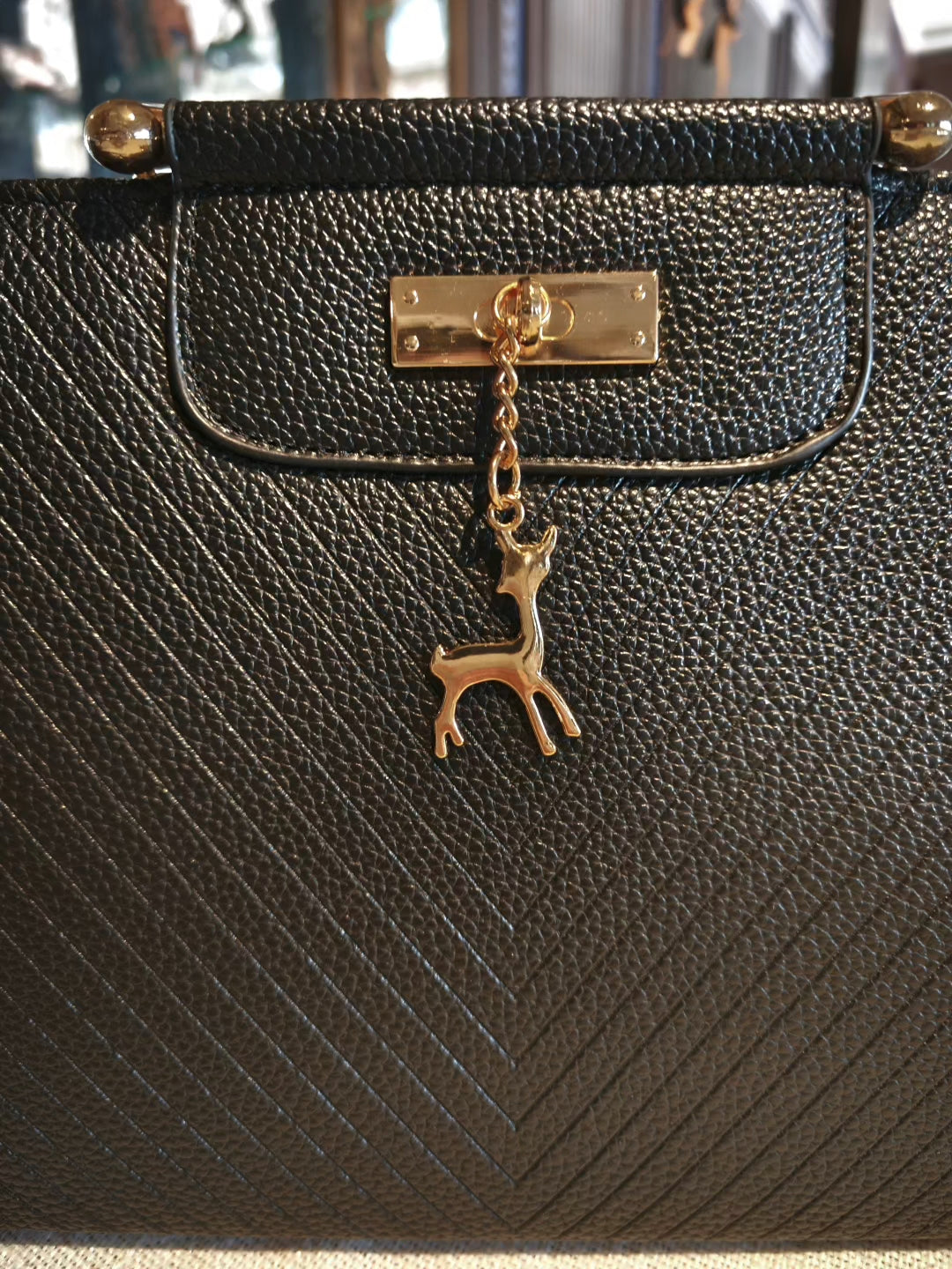 Black Textured Boston Bag with Deer Charm