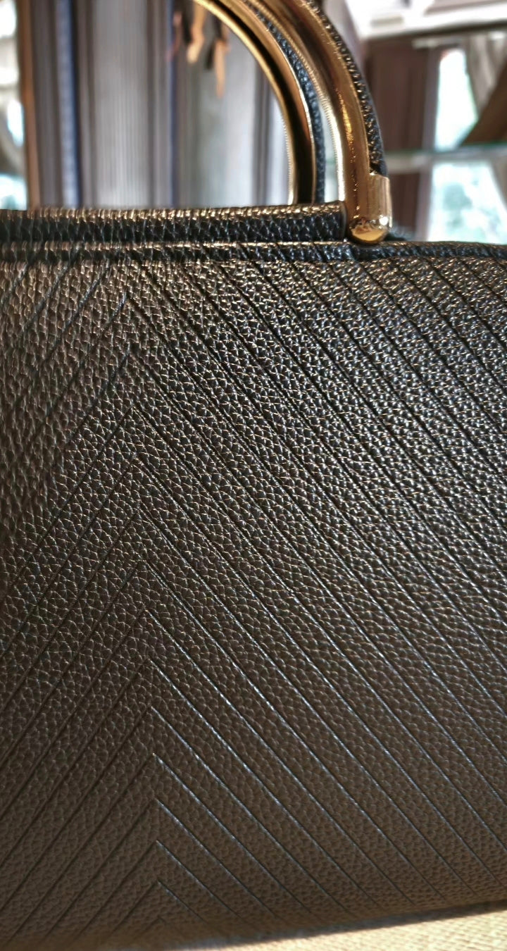 Black Textured Boston Bag with Deer Charm