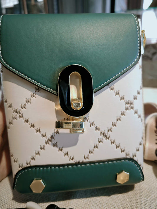 Green and White Patterned Mobile Phone Bag with Contrast Hardware