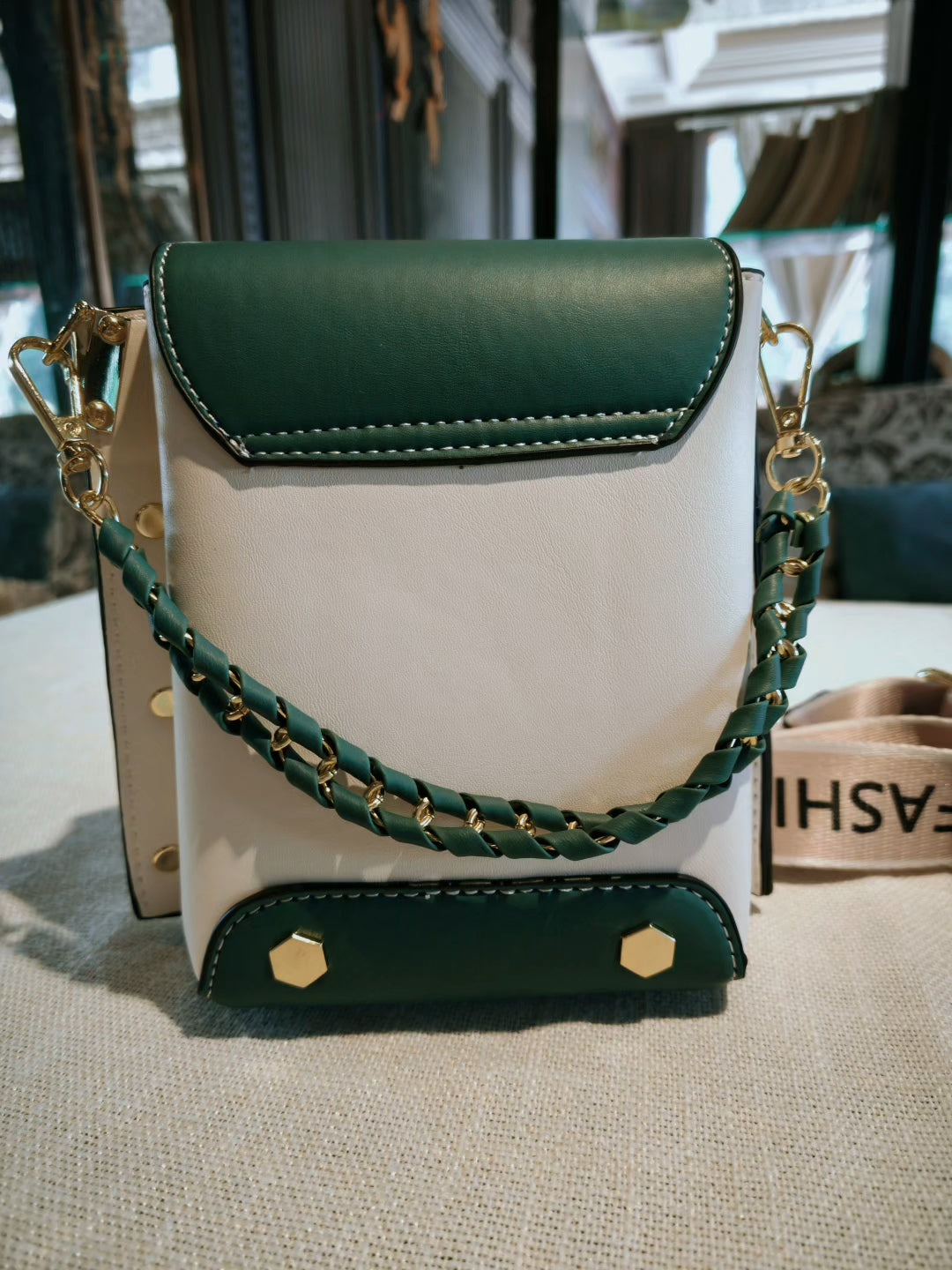 Green and White Patterned Mobile Phone Bag with Contrast Hardware