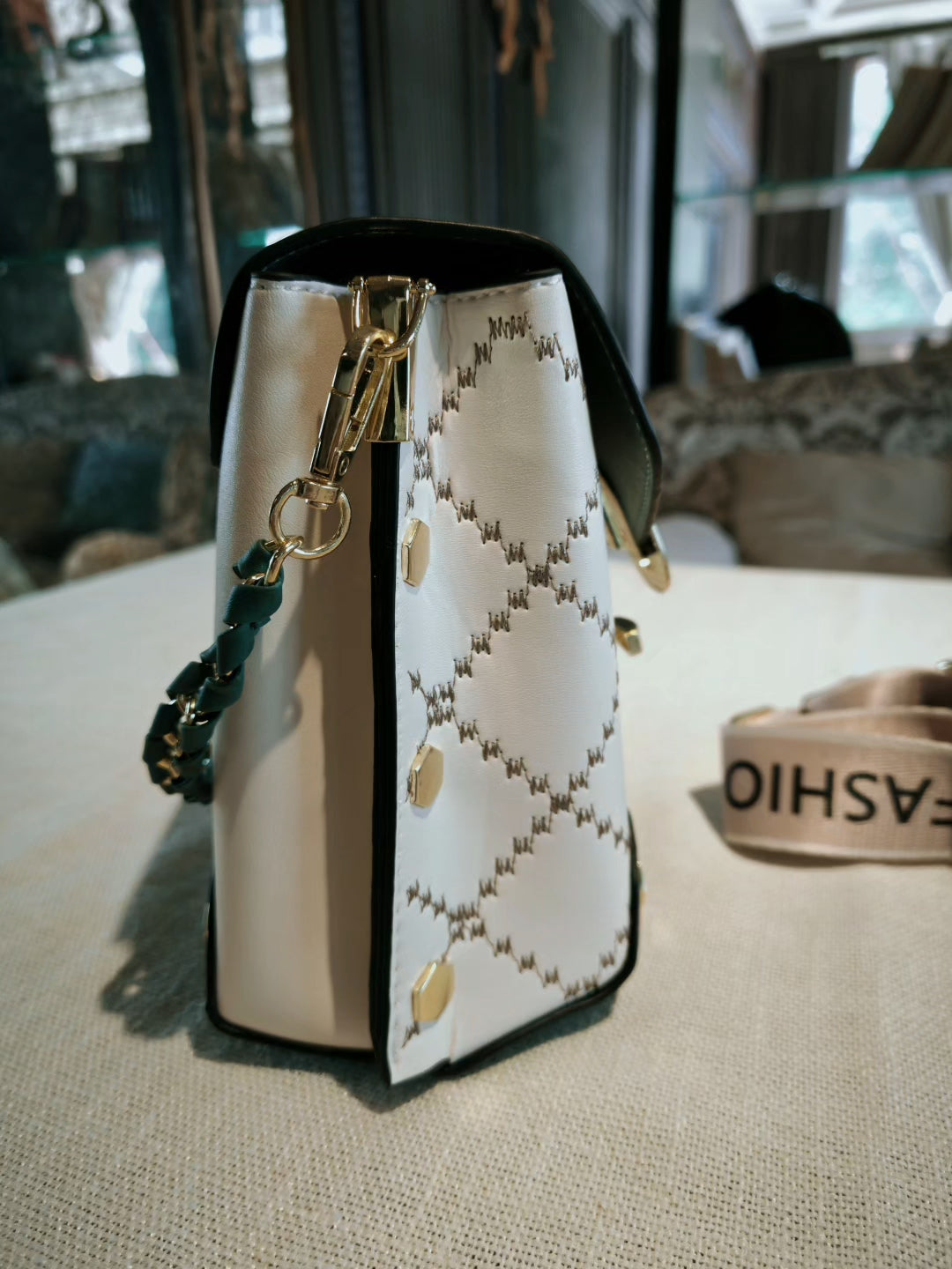 Green and White Patterned Mobile Phone Bag with Contrast Hardware