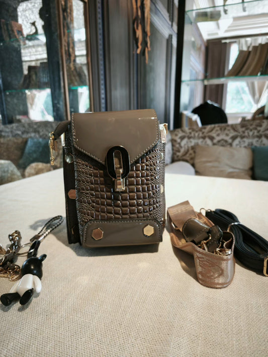 Brown Crocodile Pattern Mobile Phone Bag with Contrast Hardware
