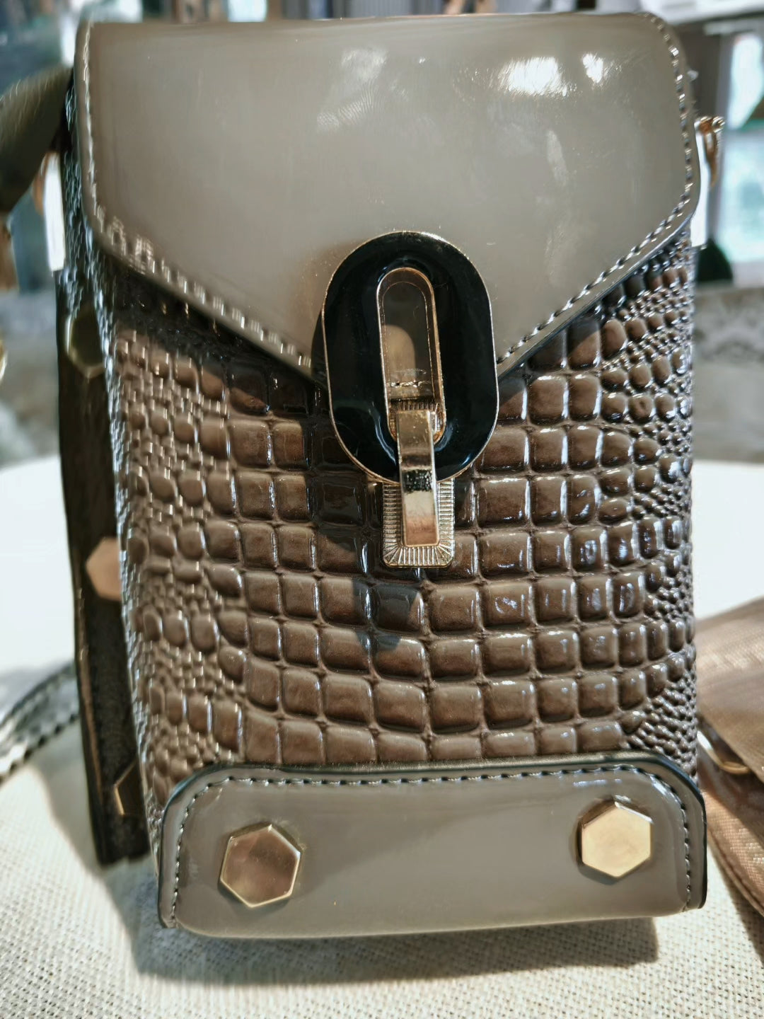 Brown Crocodile Pattern Mobile Phone Bag with Contrast Hardware