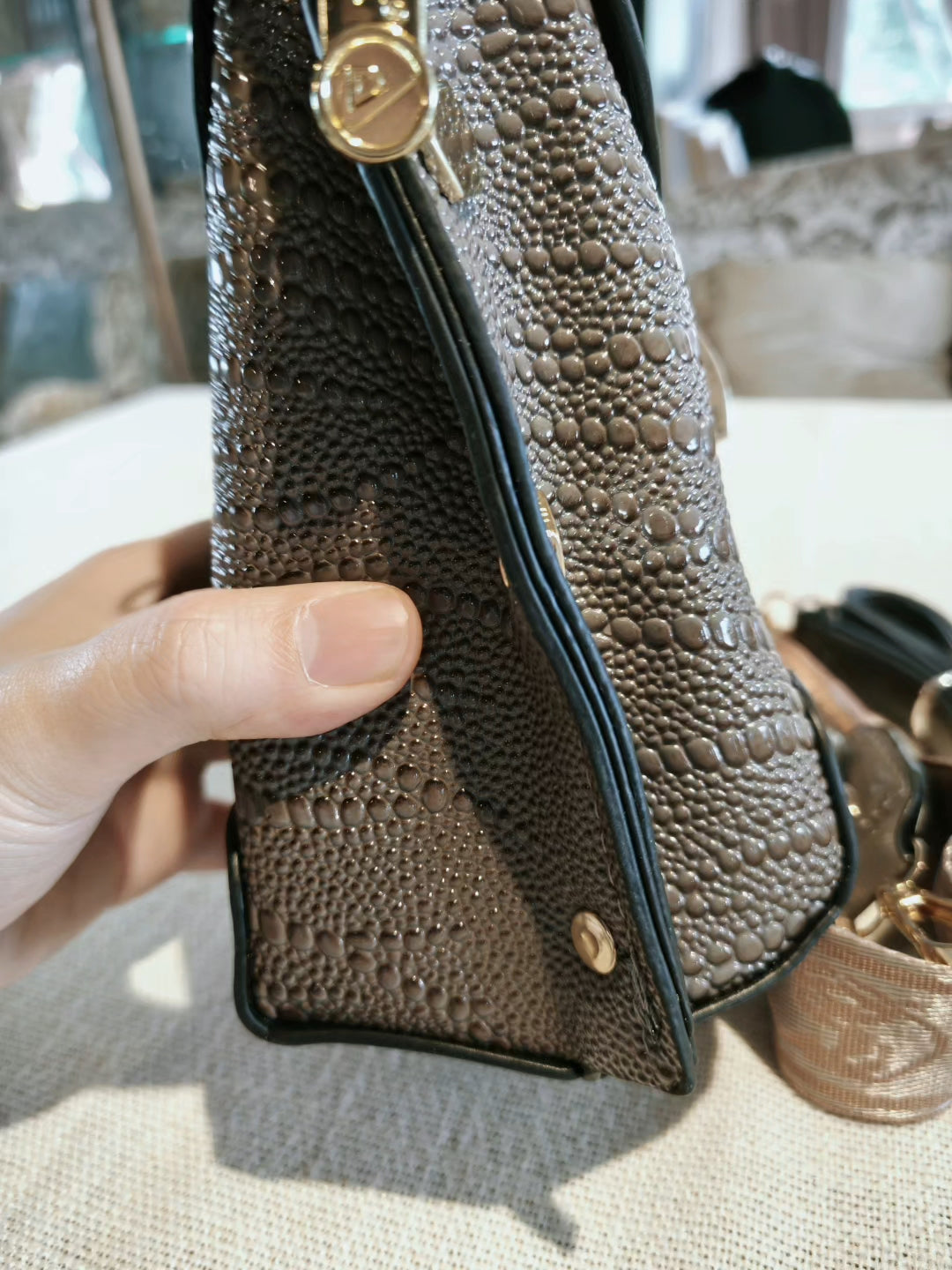 Brown Crocodile Pattern Mobile Phone Bag with Contrast Hardware
