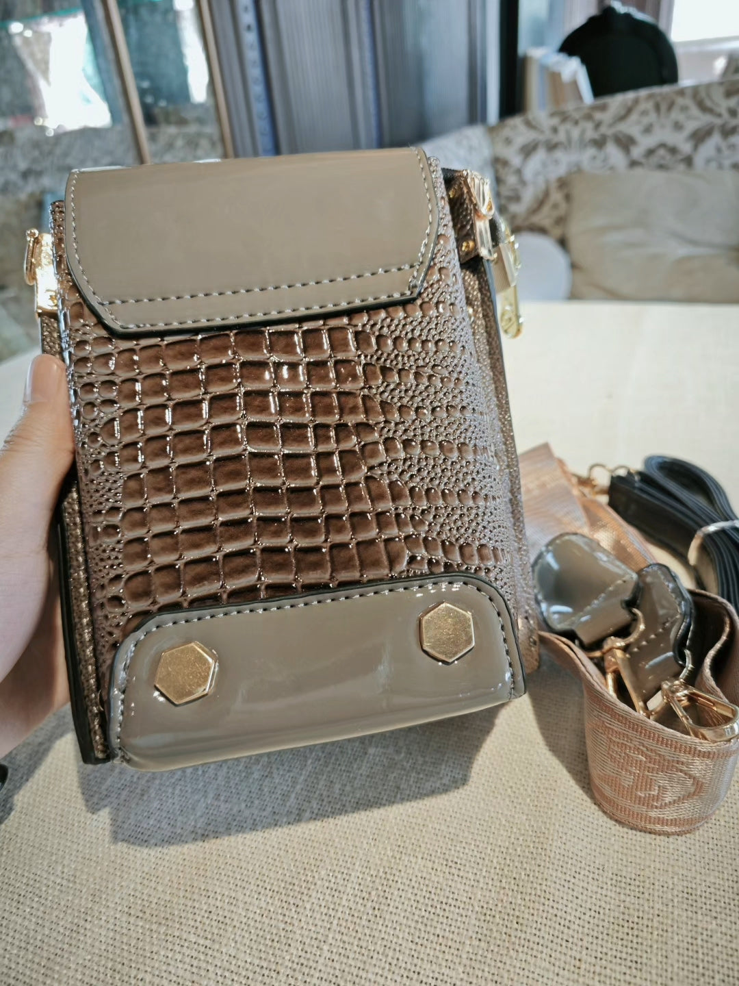 Brown Crocodile Pattern Mobile Phone Bag with Contrast Hardware