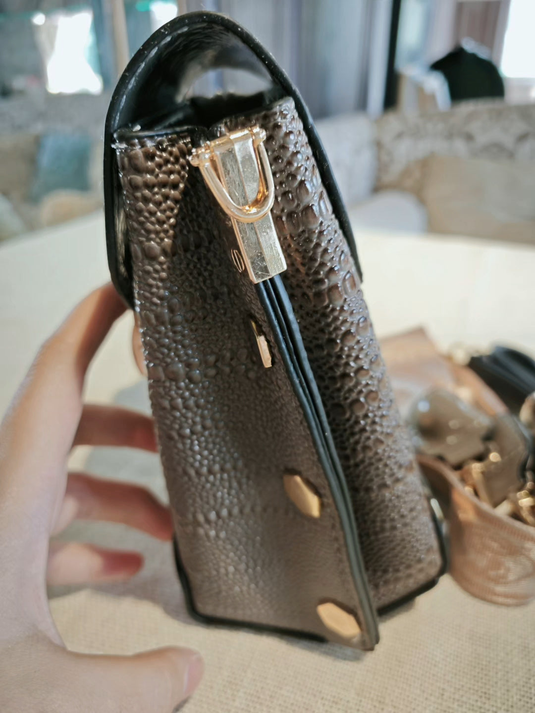 Brown Crocodile Pattern Mobile Phone Bag with Contrast Hardware