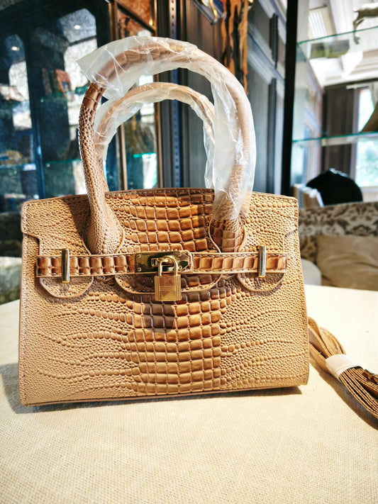 Beige Crocodile Pattern Birkin Style Handbag