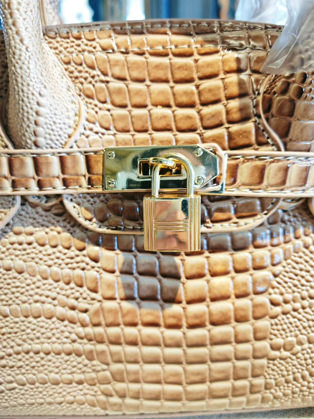 Beige Crocodile Pattern Birkin Style Handbag