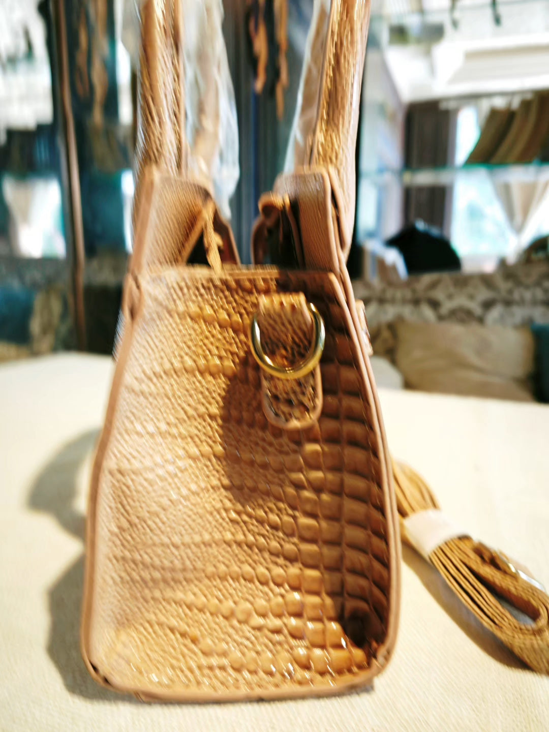 Beige Crocodile Pattern Birkin Style Handbag