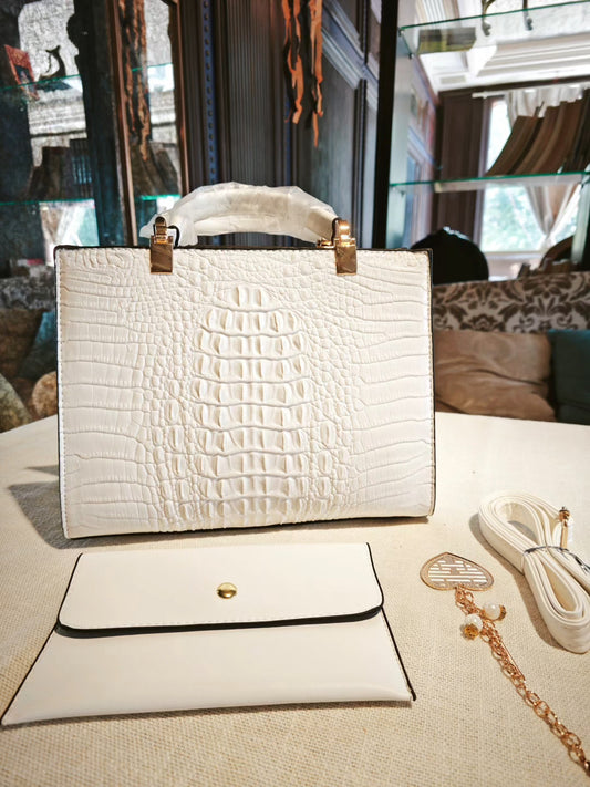 White Crocodile Pattern Mother-and-Son Bag with Matching Pouch