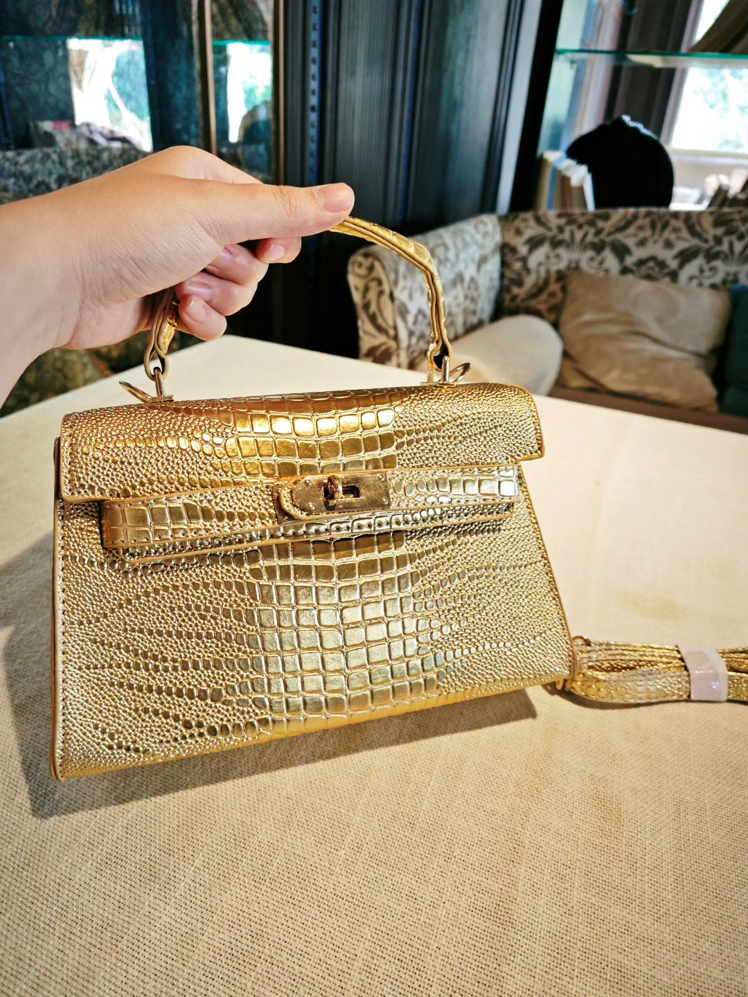 Golden Crocodile-Embossed Medium Kelly Bag