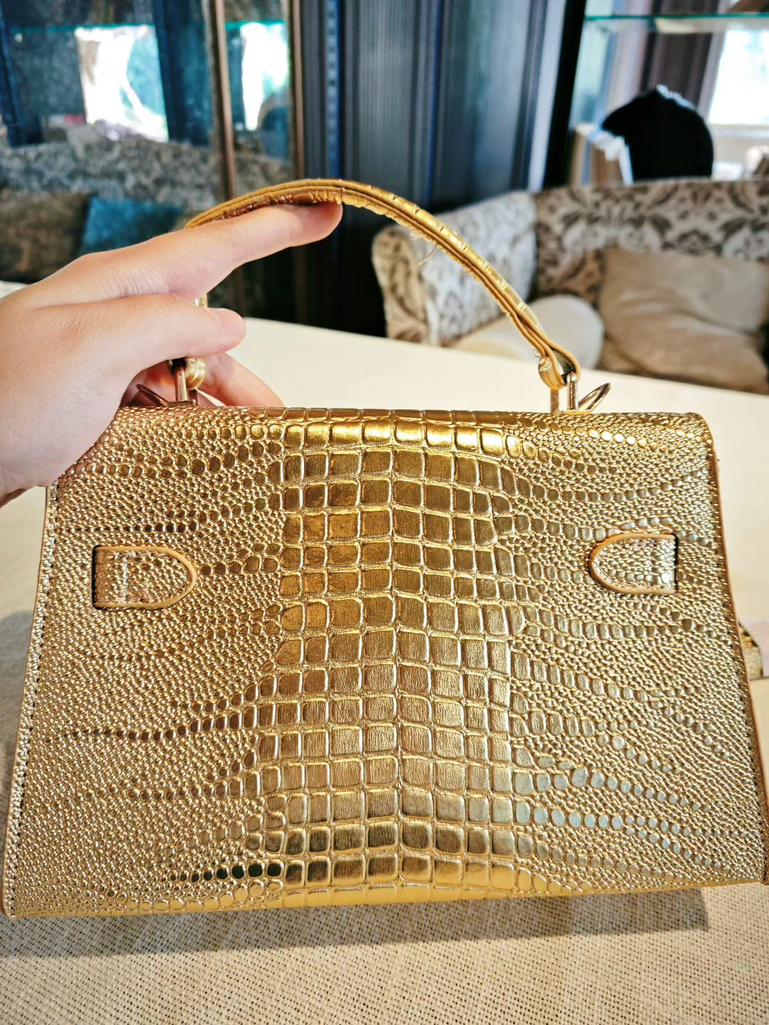 Golden Crocodile-Embossed Medium Kelly Bag