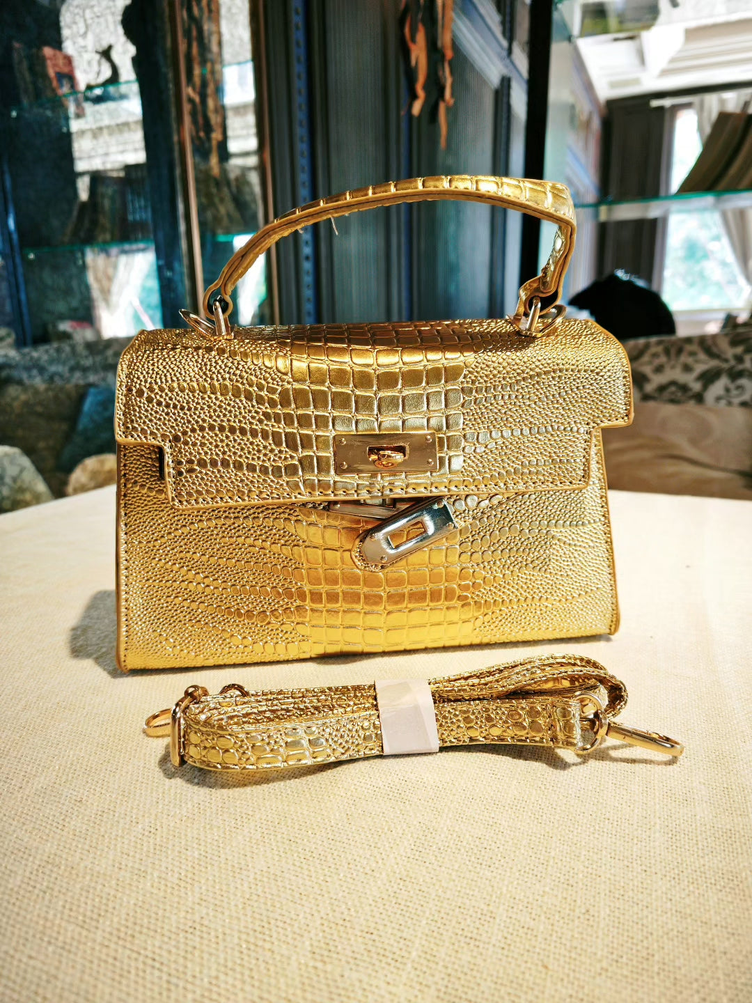 Golden Crocodile-Embossed Medium Kelly Bag