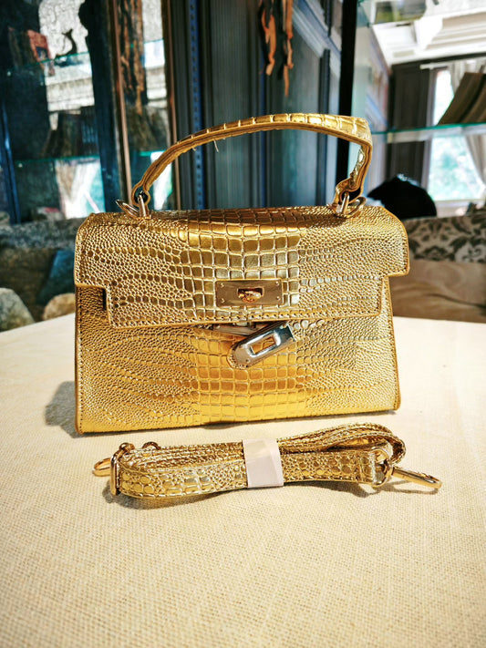 Golden Crocodile-Embossed Medium Kelly Bag