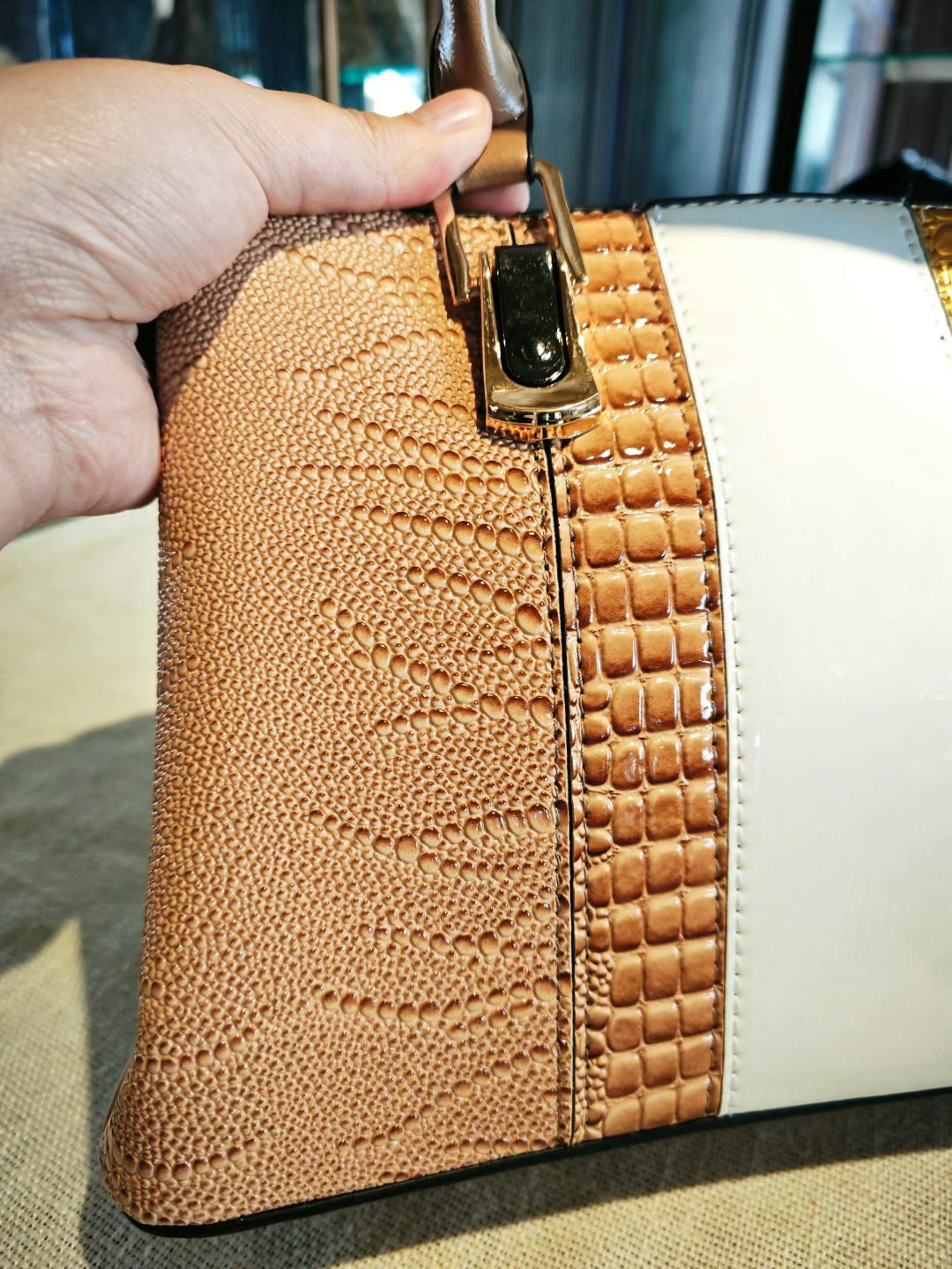 Crocodile-Embossed Color-Block 3-Piece Bag Set