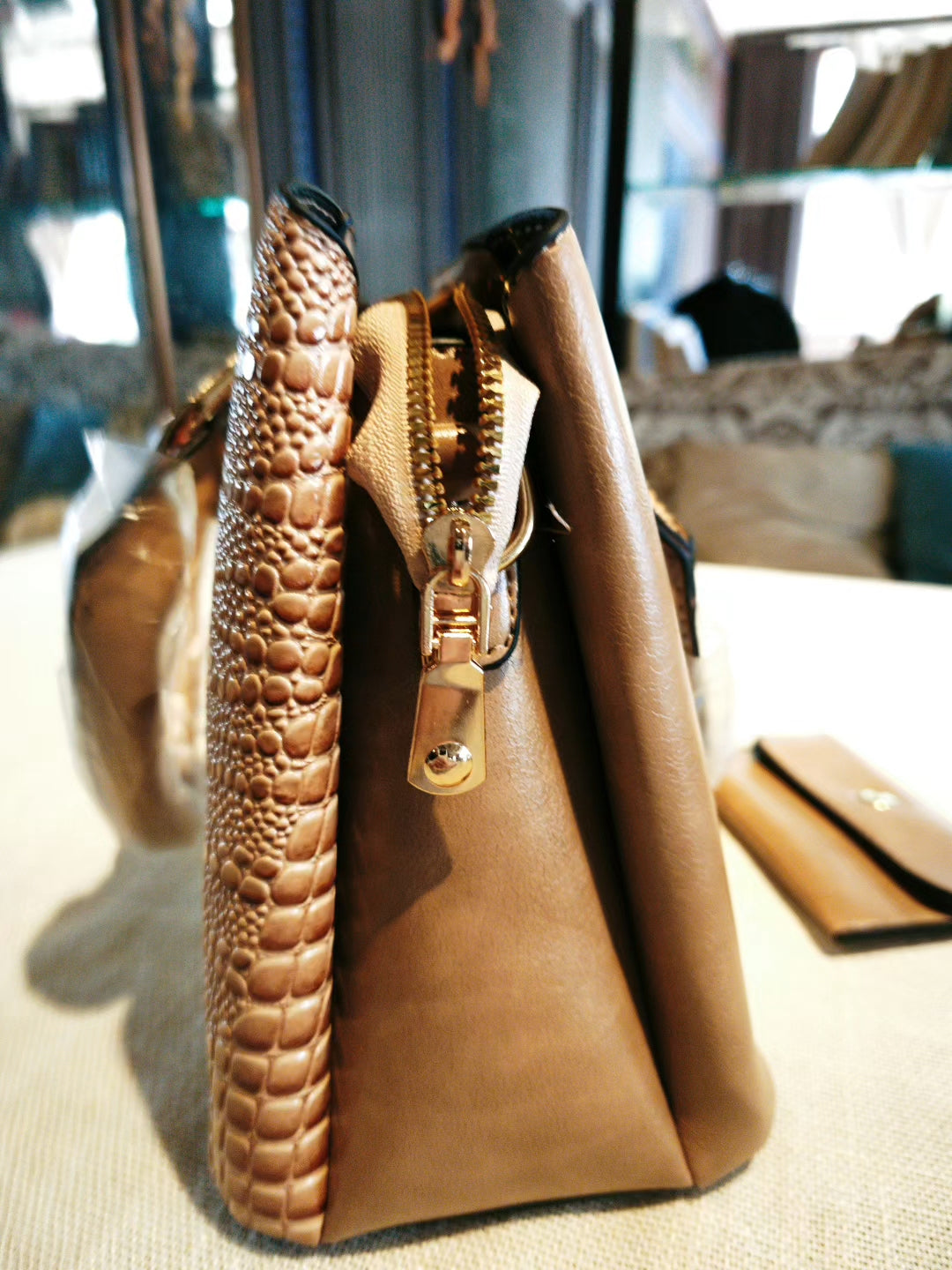 Crocodile-Embossed Color-Block 3-Piece Bag Set