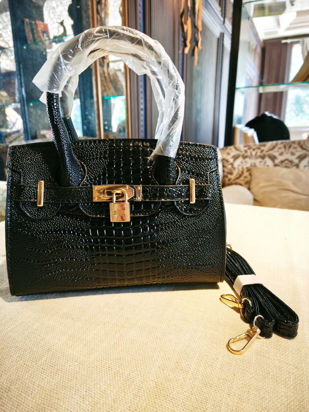 Black Crocodile-Embossed Birkin Bag with Detachable Strap