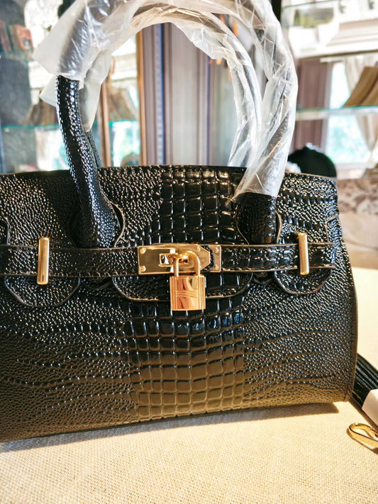 Black Crocodile-Embossed Birkin Bag with Detachable Strap
