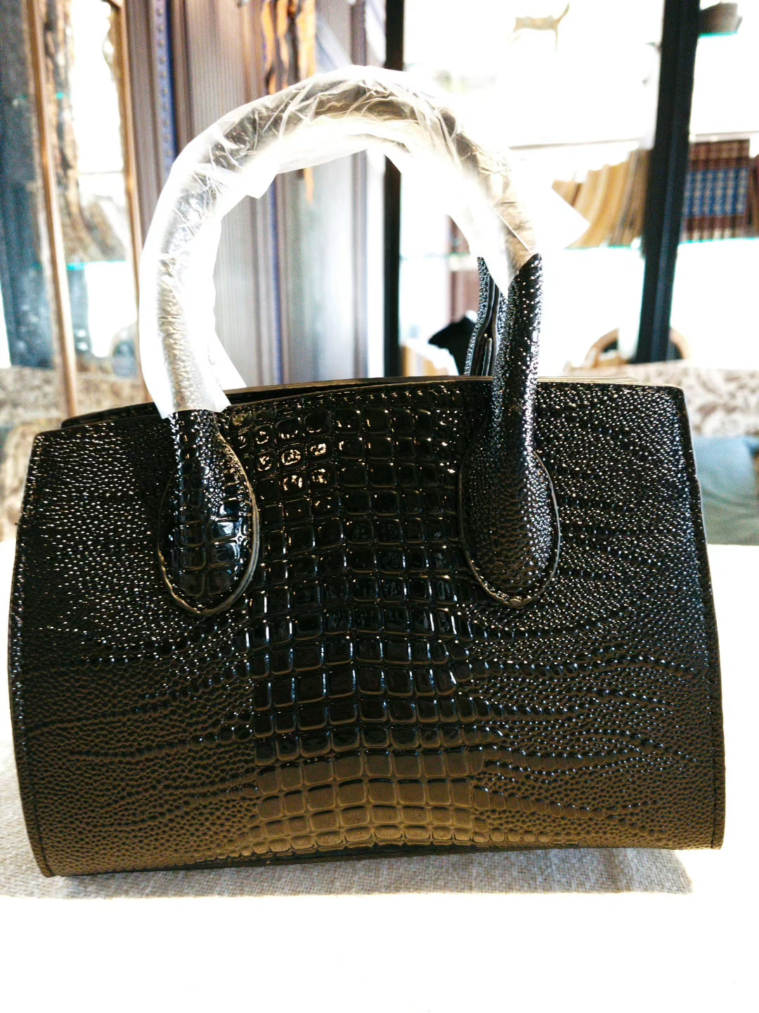 Black Crocodile-Embossed Birkin Bag with Detachable Strap