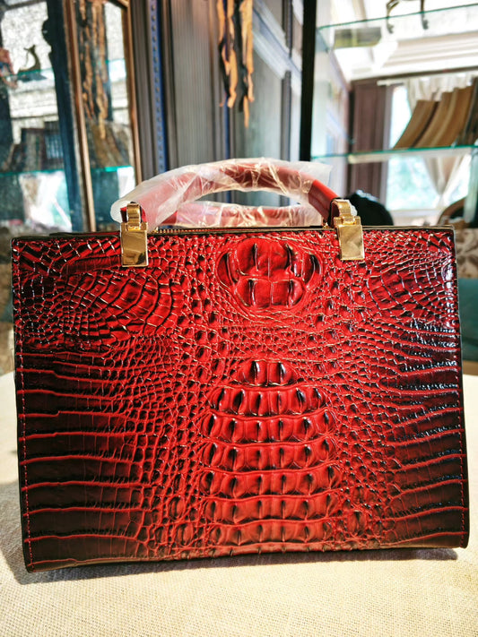 Red Crocodile-Embossed Top-Handle Mother-and-Son Bag with Detachable Strap and Charm