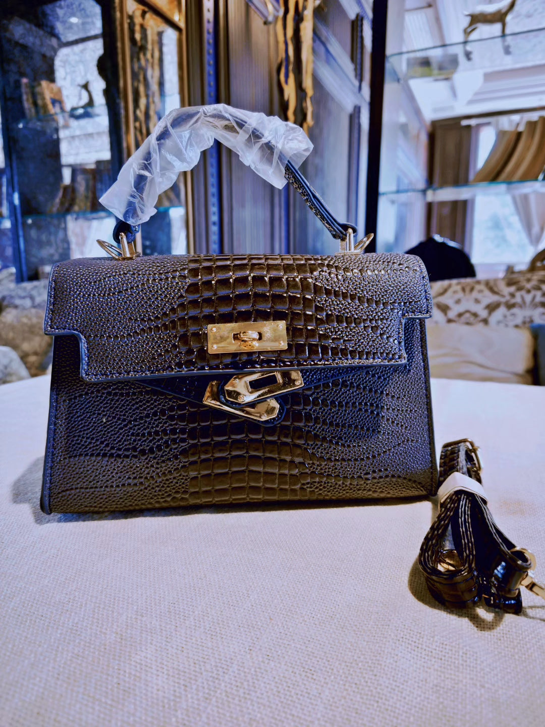 Navy Blue Crocodile-Embossed Mini Kelly Style Handbag with Detachable Strap