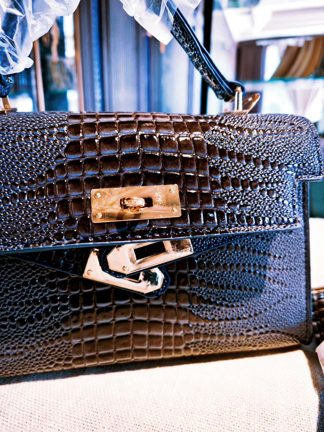 Navy Blue Crocodile-Embossed Mini Kelly Style Handbag with Detachable Strap