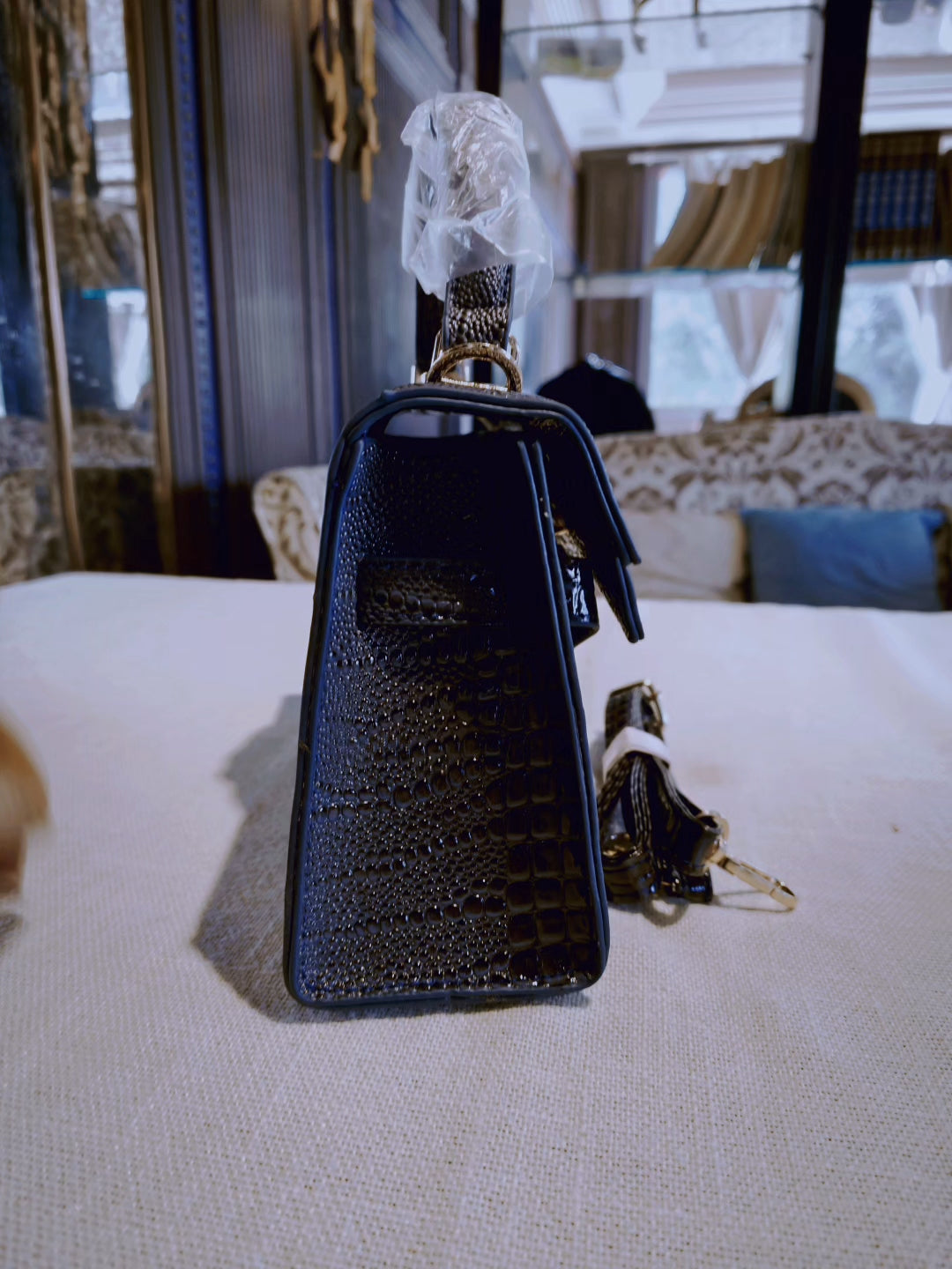 Navy Blue Crocodile-Embossed Mini Kelly Style Handbag with Detachable Strap