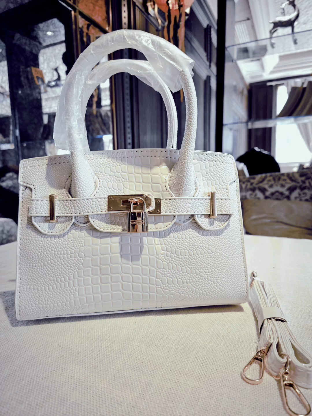 White Crocodile-Embossed Birkin Style Handbag with Detachable Strap