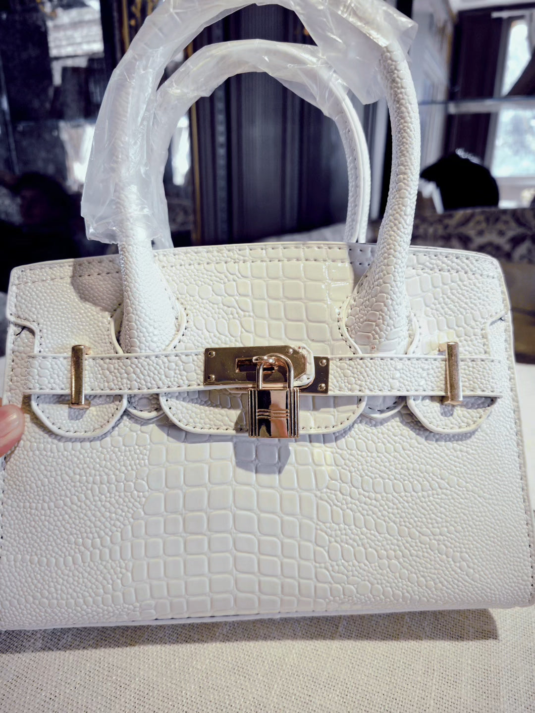 White Crocodile-Embossed Birkin Style Handbag with Detachable Strap
