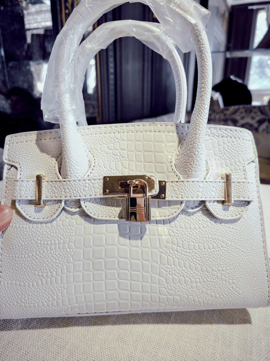 White Crocodile-Embossed Birkin Style Handbag with Detachable Strap