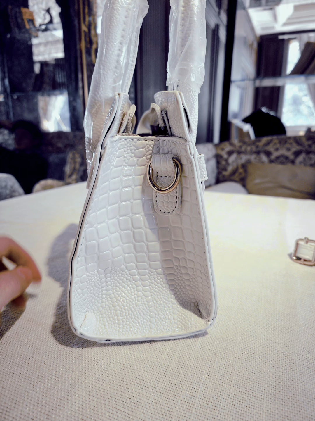 White Crocodile-Embossed Birkin Style Handbag with Detachable Strap