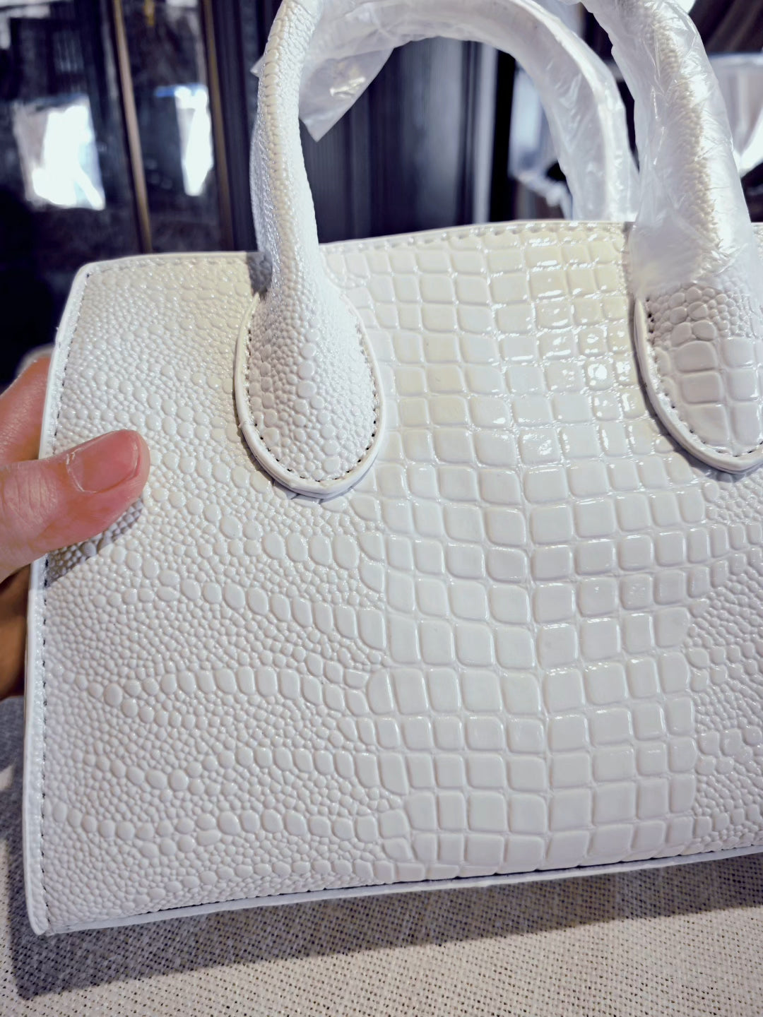 White Crocodile-Embossed Birkin Style Handbag with Detachable Strap