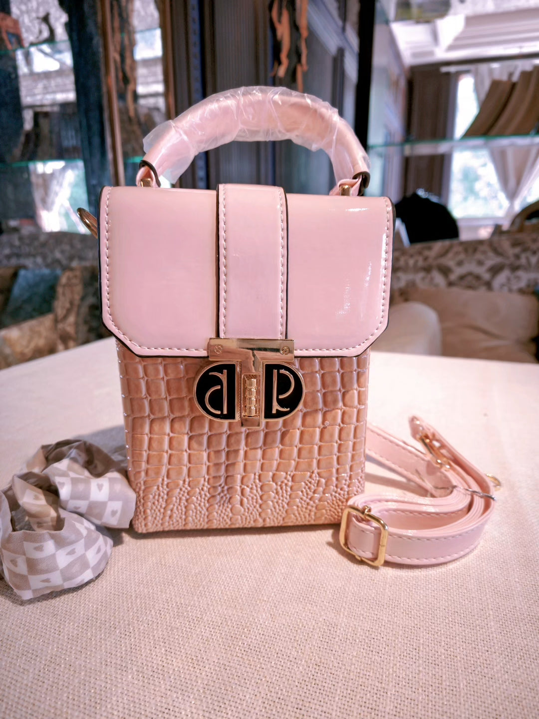 Pink Crocodile-Embossed Structured Boxy Bag with Decorative Lock and Scarf