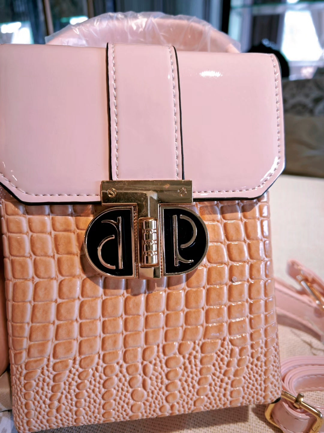Pink Crocodile-Embossed Structured Boxy Bag with Decorative Lock and Scarf
