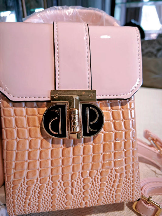 Pink Crocodile-Embossed Structured Boxy Bag with Decorative Lock and Scarf